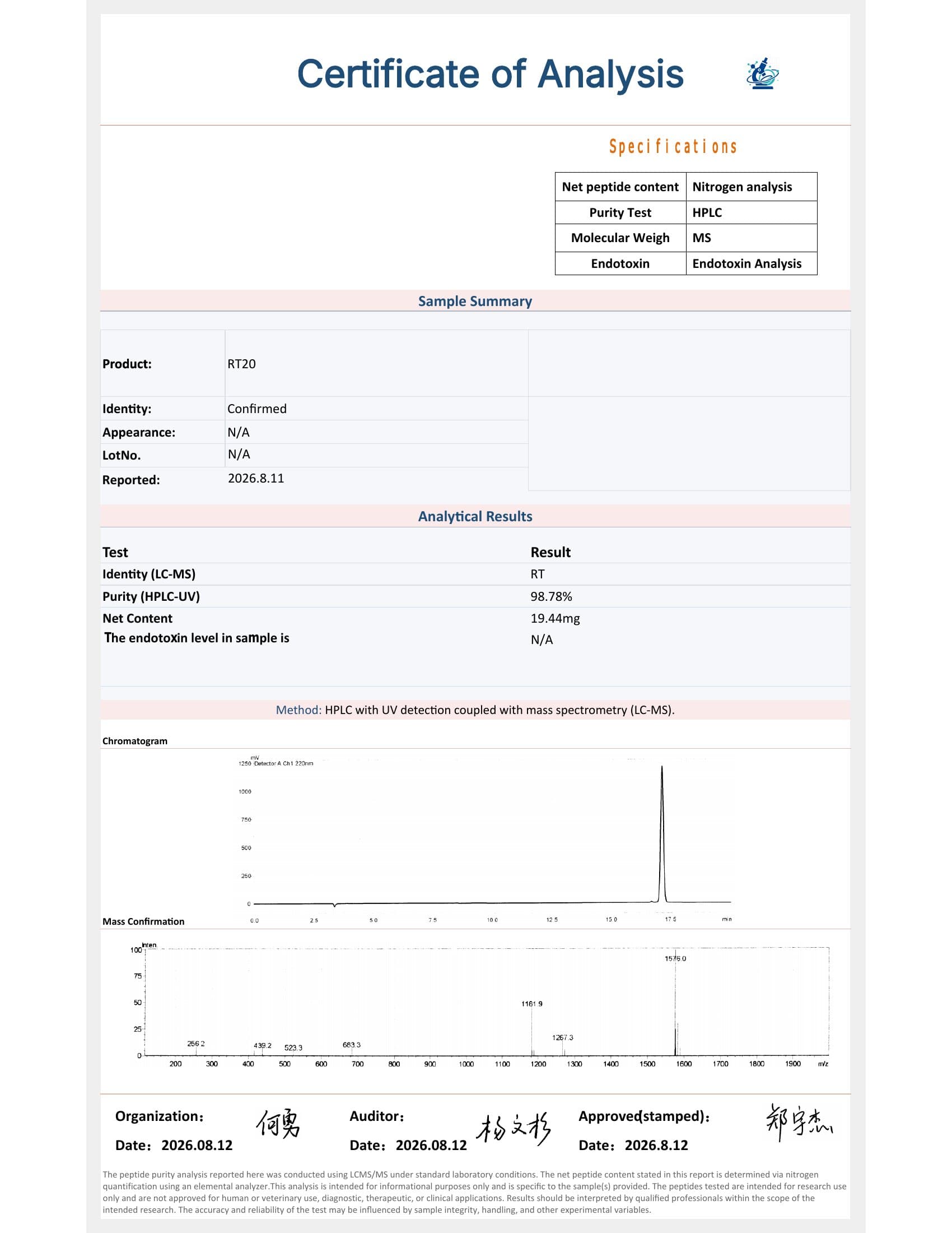 Certificate of Analysis — RT20